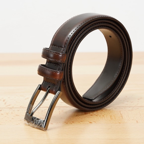 wts Other - Men's Leather Dress‎ Belt 44" Coffee Brown Classic Stitched 1.1" Wide Buckle
